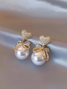 Karishma Kreations Gold Plated Heart Pearl Zircon Drop Earrings for Women Bow Dangle Earrings Alloy Drops & Danglers