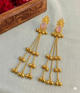 Royaleum Kashmiri Style Gold Plated Long Chain Earrings Brass Drops And Danglers Beads, Pearl Brass Drops & Danglers