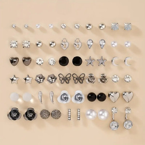 TVI Set Of 30 Pair of Crystal And Pearl Stud Earring For Women And Girls Cubic Zirconia Alloy Stud Earring