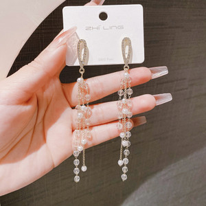 polluxcraft Korean White Tassels Crystal Studded Ear Cuff Drop Earrings Peridot Alloy Drops & Danglers