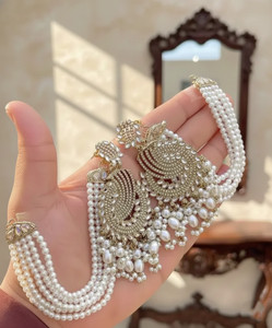 Krishman Traditional Kundan & Pearl Bahubali Jhumka with Ear Chains Alloy Jhumki Earring