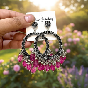 SSC CREATIONS Traditional Oxidised Hoop Earrings for Women Antique Finish with Dangling Beads Alloy Stud Earring