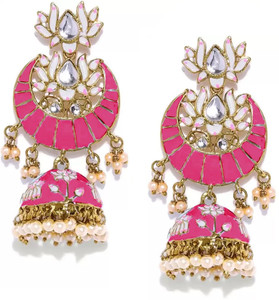 YELLOW CHIMES Ethnic Gold Plated Traditional Pink Meenakari Studded Stones Lotus Design Chandbali Jhumka Earrings for Women and Girls Alloy Jhumki Earring