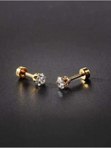 Floky Gold Small Round Crystal Cute Plain Simple for Mens Stainless Steel Zircon Alloy, Metal Stud Earring