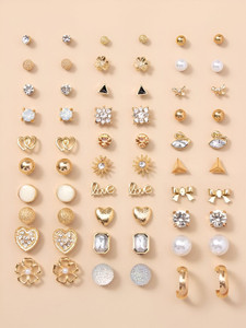 VIDALI Set Of 30 Pairs Gold-Plated Trendy Crystal & Pearl Stud Earring for Women Cubic Zirconia Alloy Stud Earring
