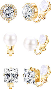 gustave 3 Pairs Cubic Zirconia Clip on Earrings for Women Non Pierced Stud Set Cubic Zirconia Alloy Clip-on Earring
