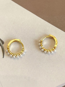 Bawree 18K Gold Plated Anti Tarnish Pearl Hoop Bali Earrings Crystal Metal Stud Earring