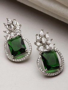 ZENEME Silver Tone Green & White American Diamond Paisley Shaped Cubic Zirconia Brass Stud Earring