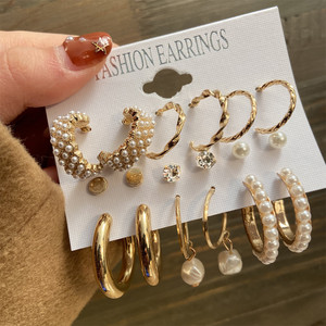 ARK JEWEL Ark Jewel Combo 9 Pair Stunning White Gold Plated Pearl Alloy Hoop Earring Stud Pearl Alloy Hoop Earring