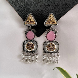 Neeara Fashion Dual Tone Oxidised Pink Stone Long Dangler Earrings for Women |Ethnic Party Wear Alloy Drops & Danglers