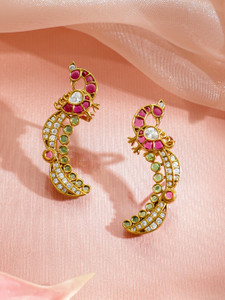 RUBANS 22K Gold-Plated Peacock Motif Ruby Red, Green Stone & Zirconia Earcuff Brass Cuff Earring
