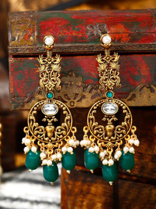 YELLOW CHIMES Oxidised Gold Pearl Crystal Studded Green White Beads Drop Dangler Drop Earrings Crystal Copper Drops & Danglers