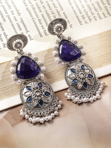 RUBANS Oxidised Silver Purple Stone Beaded Statement Drop Earrings Brass Drops & Danglers