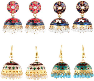 YELLOW CHIMES Combo Of 4 Pair Carftmanship Meenakari Handcrafted Floral Designer Jhumka/Jhumki Earrings for Women and Girls Pearl Copper Jhumki Earring