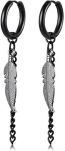 HOUSEOFTRENDZZ Feather Dangle Earrings for Women Men Stainless Steel Link Chain Drop Punk Ear Accessory Earring Stainless Steel Hoop Earring (PACK OF 1 PAIR) TITANIUM BLACK Metal Hoop Earring, Cuff Earring, Drops & Danglers, Tassel Earring
