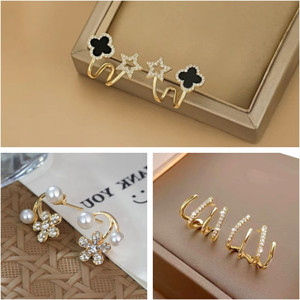 Kradhika Pack of 3 Korean Stylish Gold Stone Earrings for Women Girls Light Weight Fancy Crystal, Cubic Zirconia, Pearl Alloy, Brass, Stone Drops & Danglers, Earring Set, Hoop Earring, Rhinestone Studs, Stud Earring