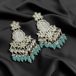 TESSARA Silver Plated Small Pearls with Light Blue Beads Earrings for Women & Girls Alloy Drops & Danglers