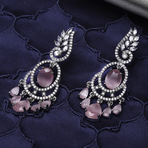 ZENEME Pink & White American Diamond studded Oval & Leaf Shaped Drop Earrings Cubic Zirconia Brass Drops & Danglers
