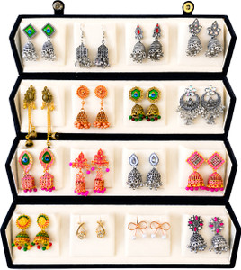 Orvexa 16 Pair Oxidised Earrings & Jhumka Set with Storage Box Alloy Earring Set