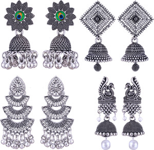 MEENAZ oxidised earrings jhumki silver combo party stylish simple small jhumka 4 set Beads, Pearl, Cubic Zirconia, Diamond Brass, Enamel, Copper, Zinc, Stone Drops & Danglers, Chandbali Earring, Earring Set, Jhumki Earring