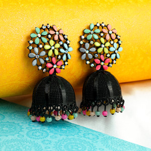 Fashion Frill Earrings For Women Black Floral Design Jhumka Earrings For Women Girls Cubic Zirconia Brass Drops & Danglers