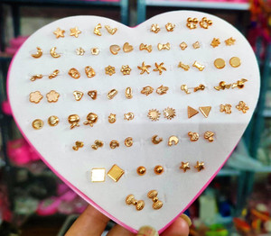 DIVINE 36 Pairs of Mix Design Gold plated Small Stud for Baby Girls, Women (1 Box) Plastic Stud Earring