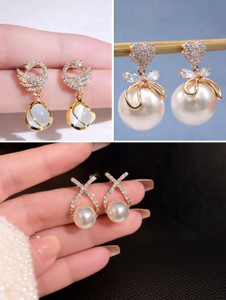 Alinora Alinora 3 Pair Korean Pearl & Crystal Earrings Combo for Women | Zircon, Crystal Alloy Stud Earring, Drops & Danglers