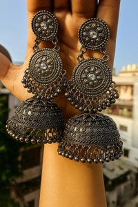 PS Jewels Beautiful Designer Oxidised Silver Jhumka Earrings Metal Earring Set