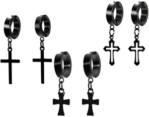 HOUSEOFTRENDZZ Religious Jewelry Christmas Jesus Cross Earring Clip On For Mens Boys Stainless Steel Hoop Earring Drops & Danglers (COMBO PACK OF 3 PAIRS) BLACK Metal Clip-on Earring, Hoop Earring