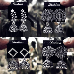 Janki Creation Latest Design Silver Plated Jhumki Earring Set Combo Of 4 Cubic Zirconia Alloy Chandbali Earring, Drops & Danglers, Jhumki Earring, Stud Earring, Earring Set