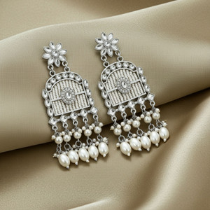 TESSARA Traditional Long Earrings with Stone, Pearl & White Bead Work for Girls & Women Alloy Drops & Danglers