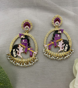 Fashion Theme Traditional Meenakari Radha krishna Earrings Stone Purple Jhumka Earring Cubic Zirconia, Beads, Pearl Brass Drops & Danglers