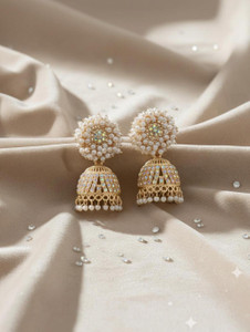 Shyneup Traditional Kundan & White Pearl Jhumka Earrings Gold-Toned Dangler Cubic Zirconia Alloy Jhumki Earring, Stud Earring