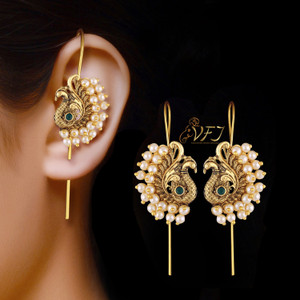 VIGHNAHARTA Vighnaharta Twinkling Bejeweled Green Pearl ear cuff for Women and Girls Pearl Brass Cuff Earring