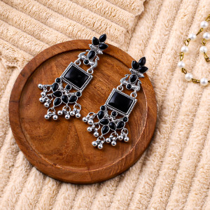 HATRENDZ Black Stone Oxidised Silver Plated Afghani Dangler Earrings for Women & Girls Brass Chandbali Earring