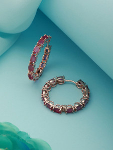 SARAF RS JEWELLERY Magenta studded Hoops Rose Gold Plated Round Earrings for Women & Girls Cubic Zirconia Brass Hoop Earring