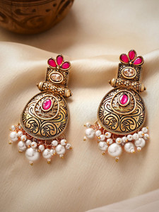 RUBANS 24K Gold Plated Stone Studded Pearl Beaded Drop Earrings Alloy Drops & Danglers