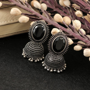 Jewelgenics Oxidised Silver Black Stone Dome Jhumka-Jhumki Earrings Crystal Alloy Jhumki Earring