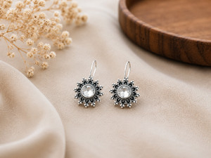 ValoraJewels White Stone Oxidised Floral Stud Earrings for Women Brass Drops & Danglers