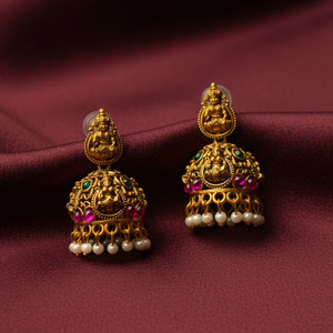 Rumee Gold Plated Goddess Lakshmi Jhumka Earrings | Traditional Temple Jewellery Alloy Jhumki Earring