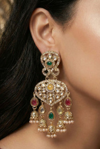 Meira Jewellery Multi Colored Designer Premium Kundan Studded Gold Plated Heavy Earring Alloy Drops & Danglers