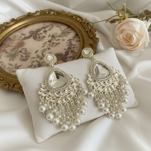 TESSARA Silver Plated AD Stone & White Pearl Drop Earrings for Women and Girls – Elegant Pearl Alloy Drops & Danglers