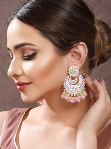 Priyaasi Pink Floral Kundan Beaded Meenakari Gold-Plated Chandbali Earrings Brass Chandbali Earring
