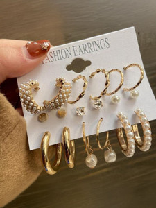 Vembley Combo 9 Pair Stunning White Gold Plated Pearl Alloy Hoop Earring