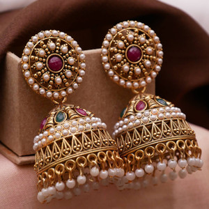 TONOLIKA JEWELLERY Traditonal Ethnic Pearl Studed Gold Platted Big Oxxidize Jhumka Jhumki For Women Pearl Alloy Jhumki Earring, Drops & Danglers, Chandbali Earring