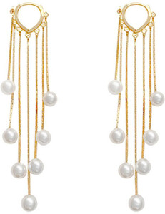 YELLOW CHIMES Gold Toned Pearl Beads Hanging Drop Dangler Earrings Crystal Metal Drops & Danglers