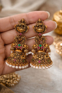Minesmini Antique Gold Plated Lakshmi Temple Jhumka Earrings, (Large in size) Alloy Jhumki Earring