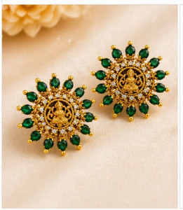 royal sri collections Gold Plated Traditional Lakshmi Green Pearl Studded Temple Stud Earrings Alloy Stud Earring