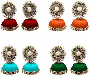Tia Crafts Handmade Silk Thread Jhumki Earrings for Women Combo of 4 Earrings Fabric Jhumki Earring