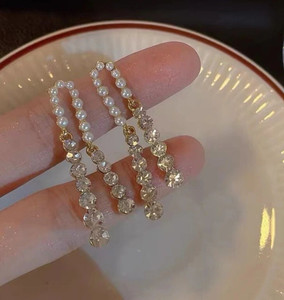 AKISON JEWELS Pearl Diamond Long Korean Earrings Trendy Western Fashion Earring Pearl, Crystal, Diamond, Cubic Zirconia Alloy Earring Set, Drops & Danglers, Tassel Earring